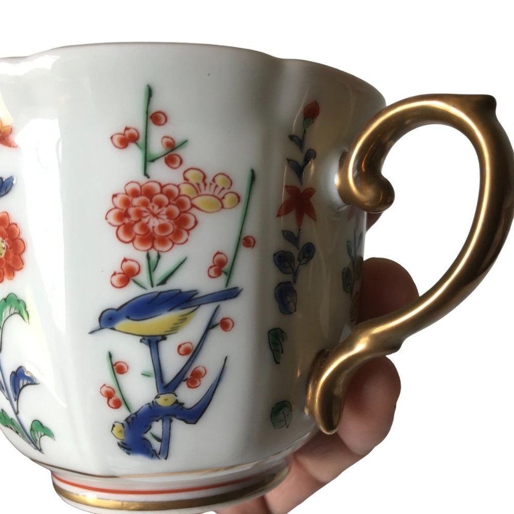Vintage Japanese Porcelain Tea Cup Saucer Set 2 Bird Floral Gold Trim Scalloped